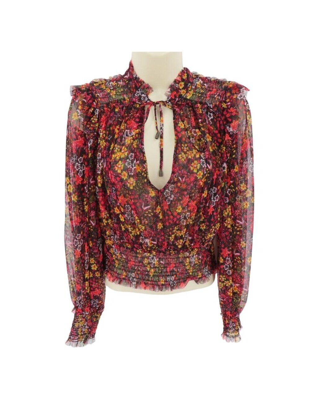 Free People Women Small Twyla Cropped Smocked Floral Flower Sheer Mesh Shirt Top